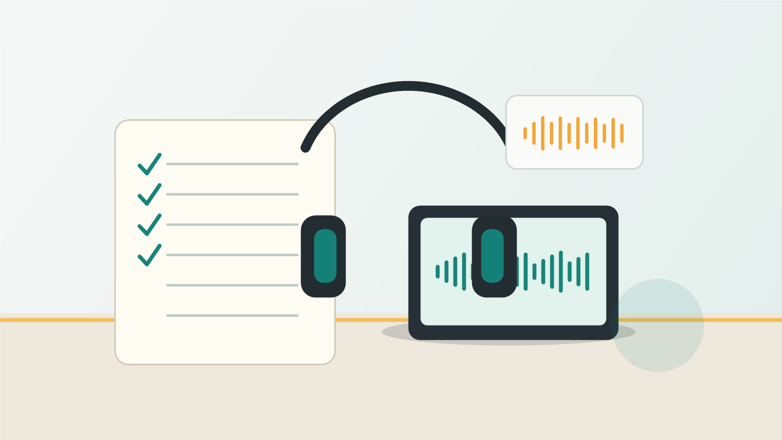 Listening assessment materials with headphones and audio waveform